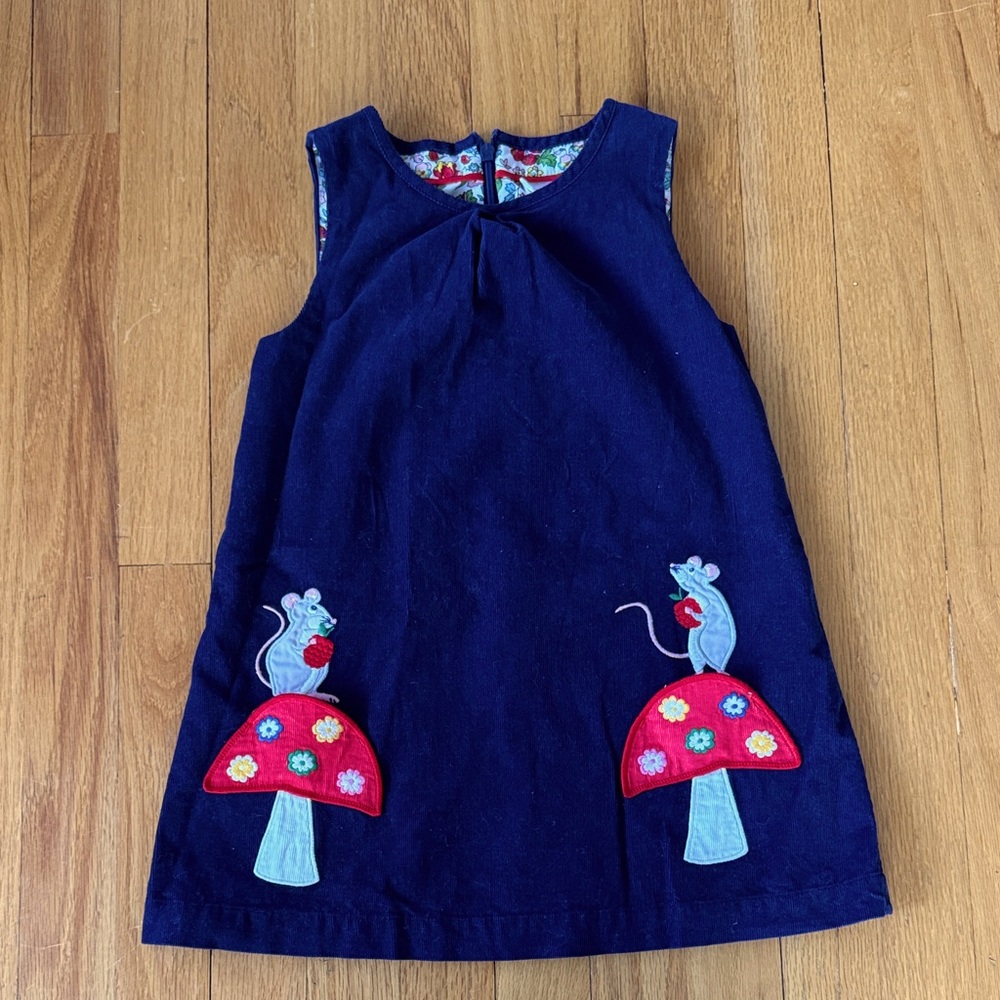 Mini Boden Navy Dress with Red Mushroom Appliqué